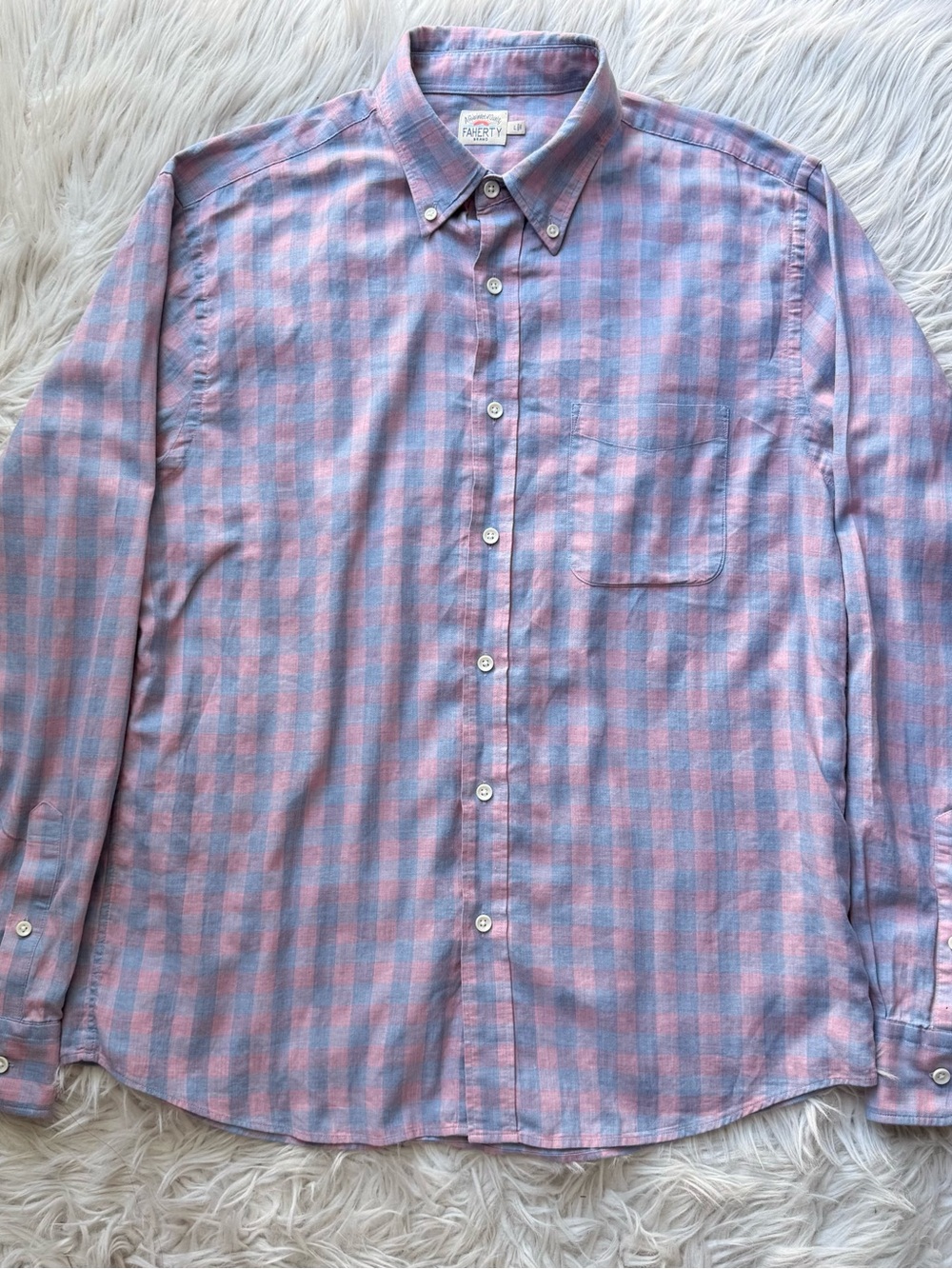 Faherty Shirt Mens L Pink Blue Check Stretch Cotton Herringbone Button Down